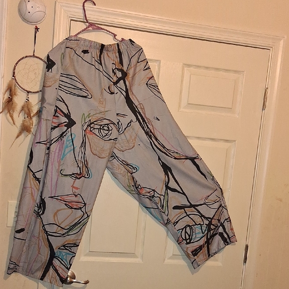 Boutique No Brand Pants - Abstract Face Print Wide Leg Pants - Gray